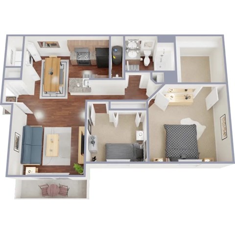 A top-down view of a two-story apartment with a kitchen, living room, and bedrooms.